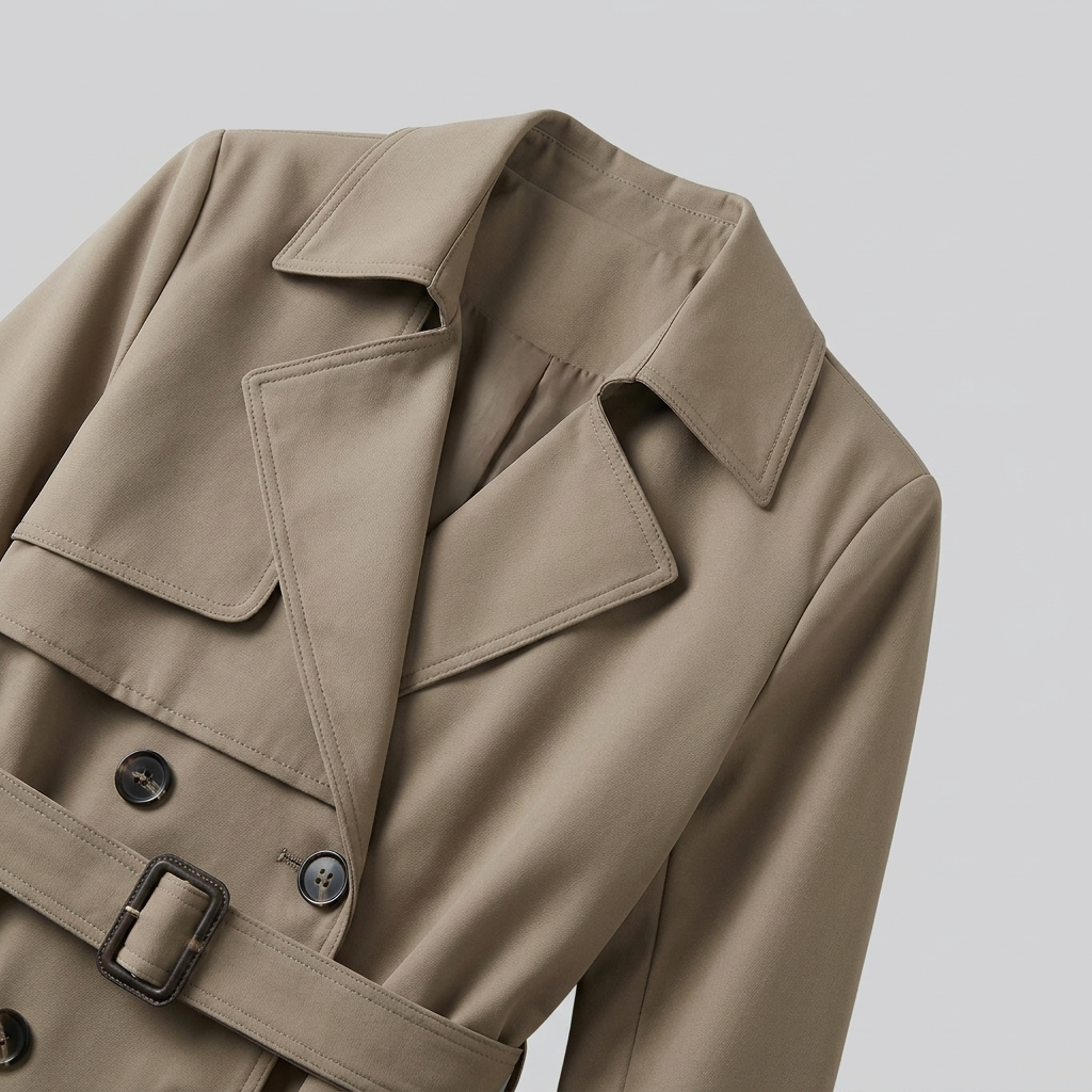 Women's Belted Trench Coat with Notched Lapels, Double-Breasted Closure, and Side Pockets