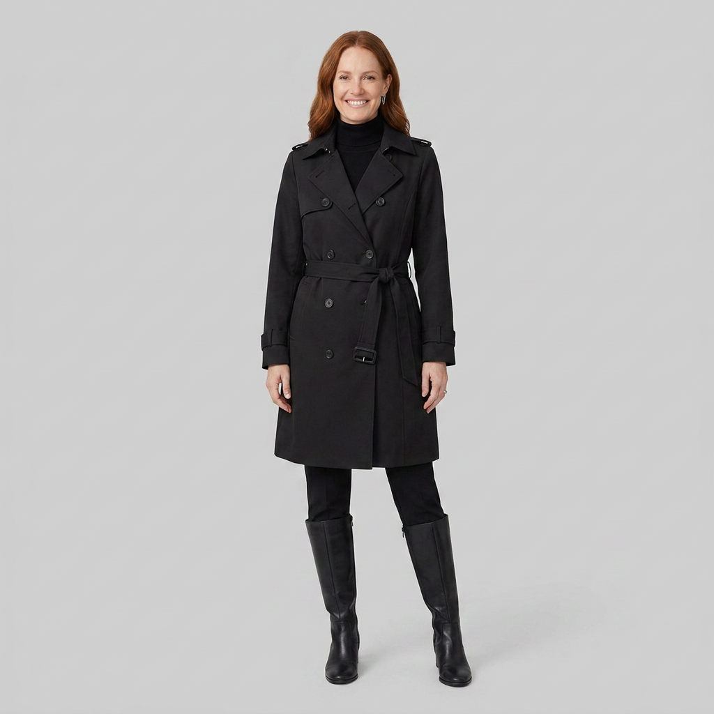 Women's Belted Trench Coat with Notched Lapels, Double-Breasted Closure, and Side Pockets