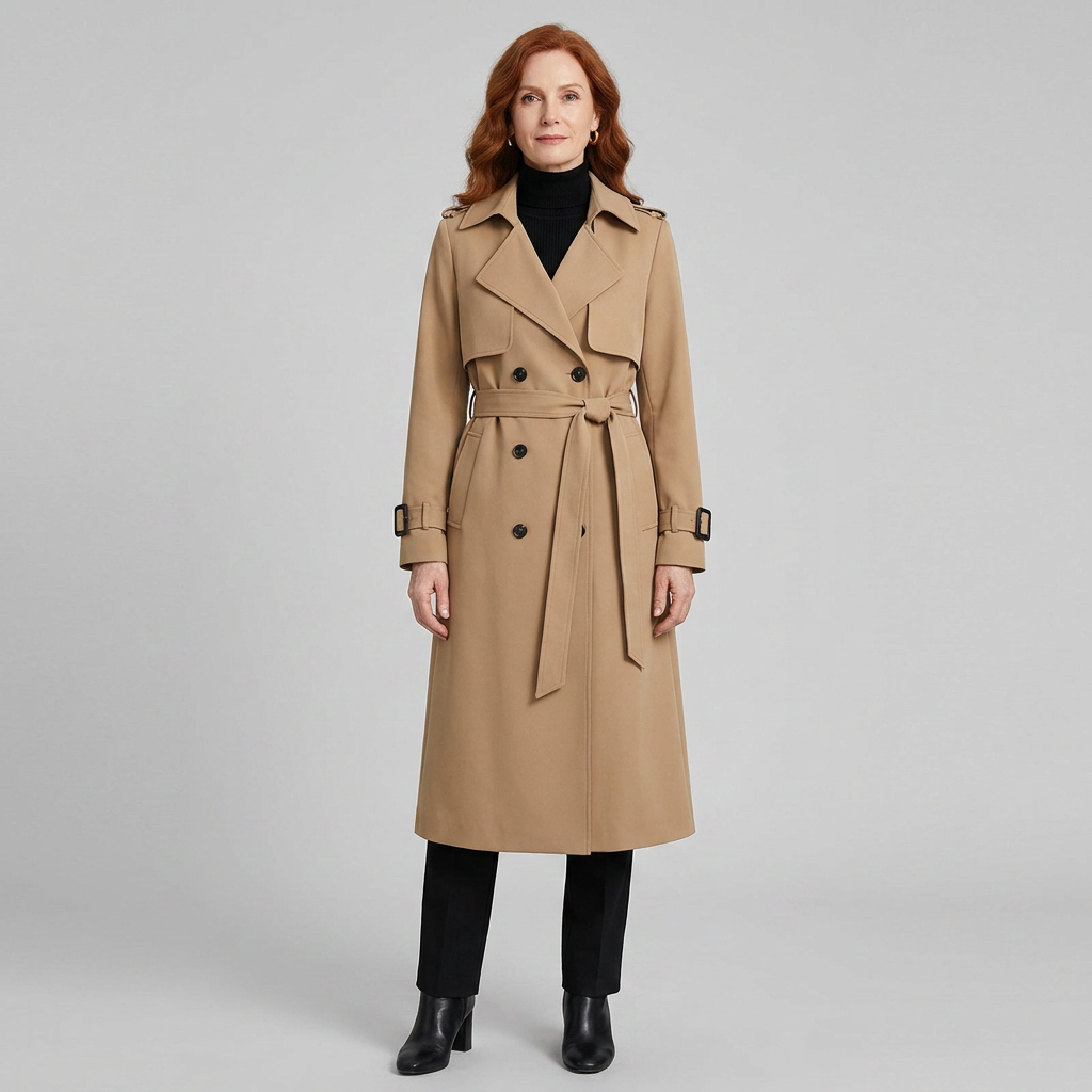 Lange damestrenchcoat met ceintuur, dubbele knopenrij, reverskraag en zakken