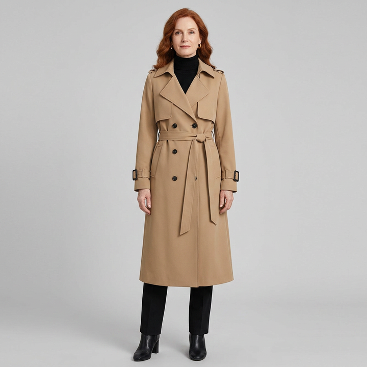 Lange damestrenchcoat met ceintuur, dubbele knopenrij, reverskraag en zakken