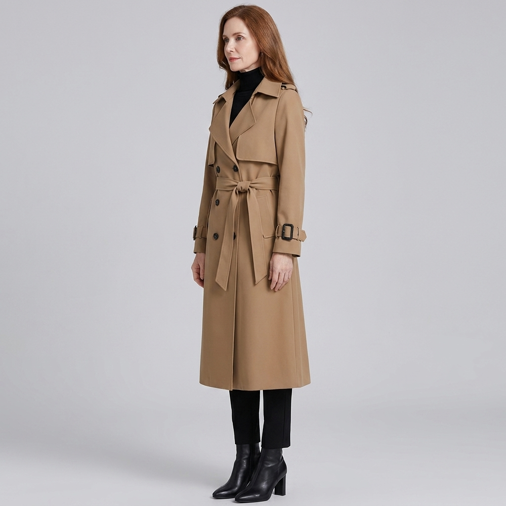 Lange damestrenchcoat met ceintuur, dubbele knopenrij, reverskraag en zakken