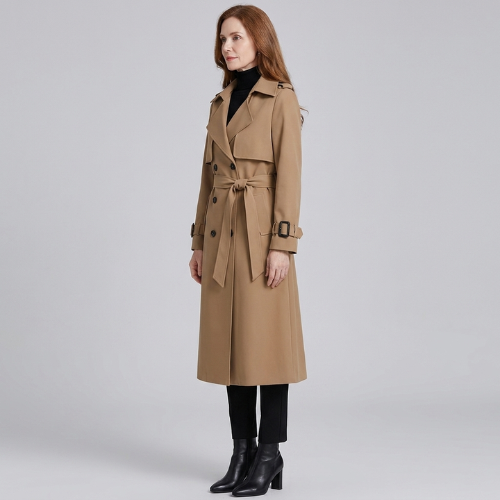 Lange damestrenchcoat met ceintuur, dubbele knopenrij, reverskraag en zakken