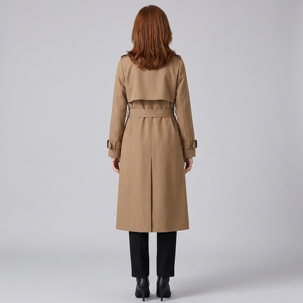 Lange damestrenchcoat met ceintuur, dubbele knopenrij, reverskraag en zakken