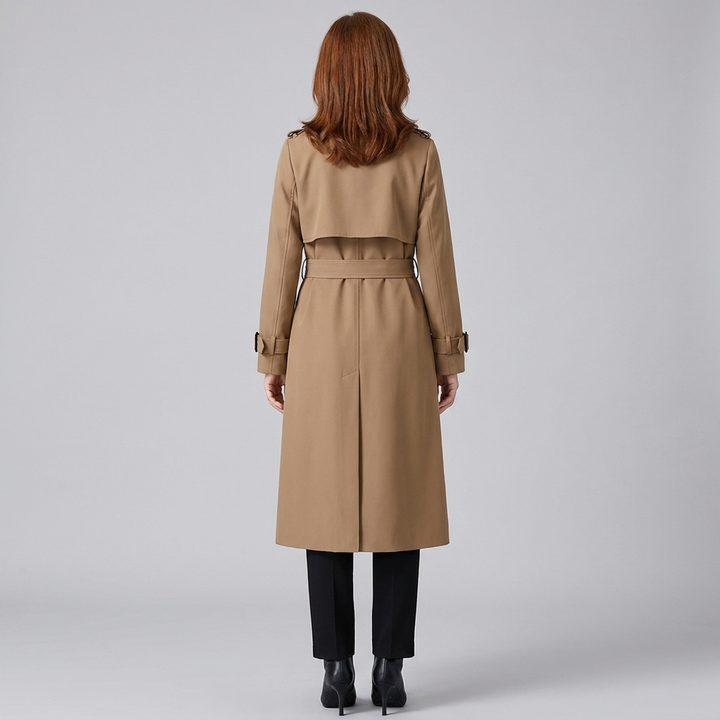 Lange damestrenchcoat met ceintuur, dubbele knopenrij, reverskraag en zakken
