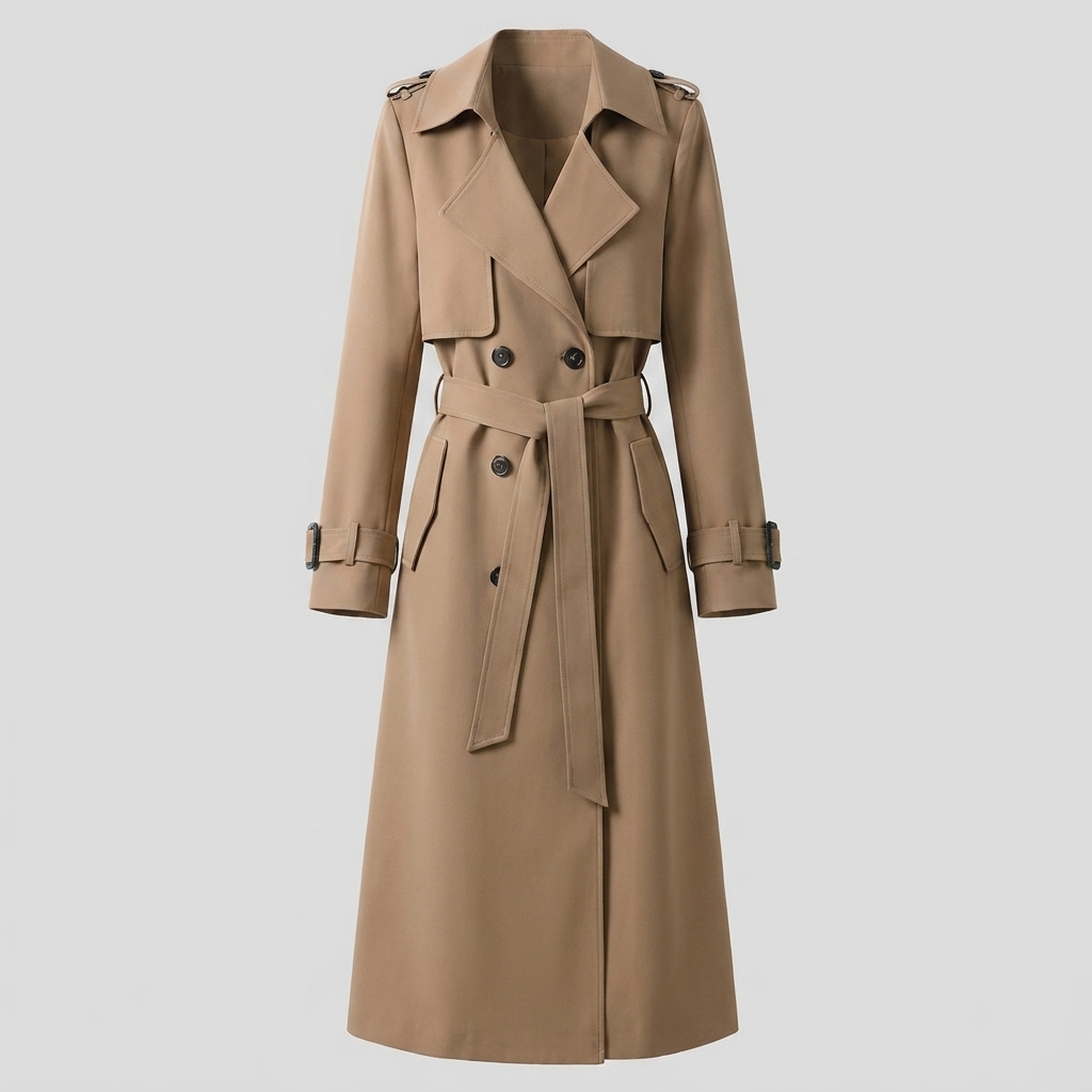 Lange damestrenchcoat met ceintuur, dubbele knopenrij, reverskraag en zakken