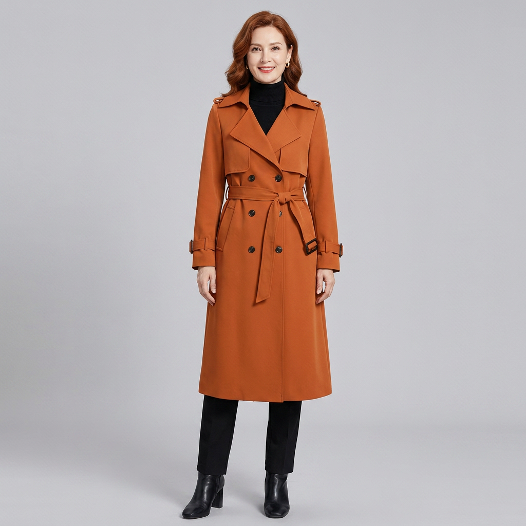 Lange damestrenchcoat met ceintuur, dubbele knopenrij, reverskraag en zakken
