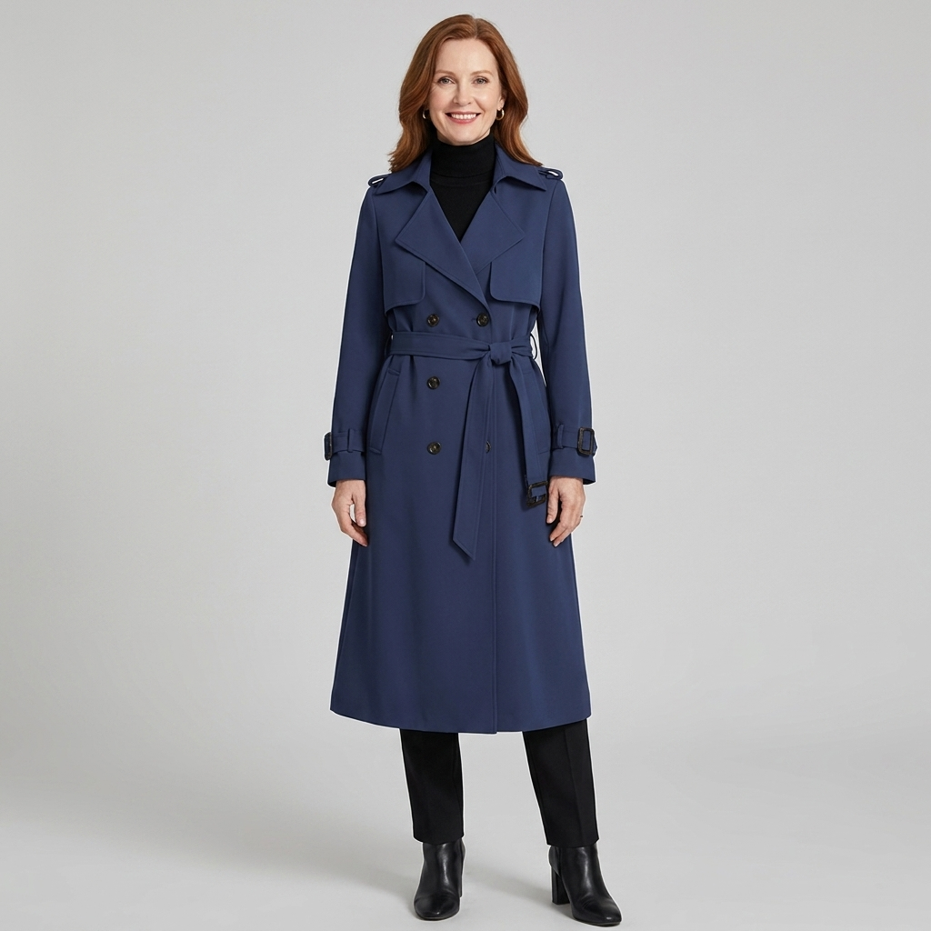 Lange damestrenchcoat met ceintuur, dubbele knopenrij, reverskraag en zakken