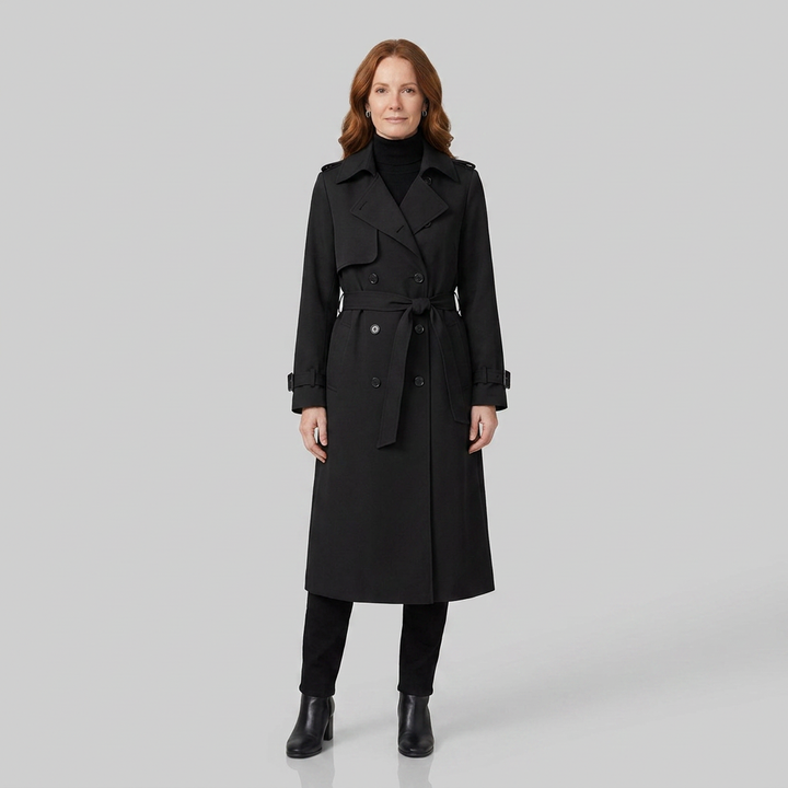 Lange damestrenchcoat met ceintuur, dubbele knopenrij, reverskraag en zakken