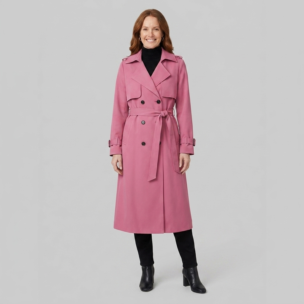 Lange damestrenchcoat met ceintuur, dubbele knopenrij, reverskraag en zakken