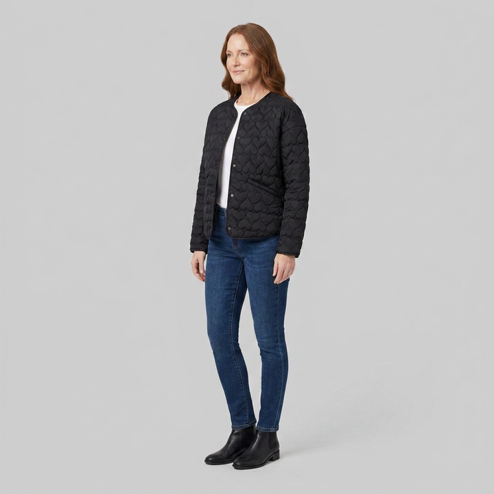 Women's Lightweight Quilted Collarless Jacket with Heart Pattern and Snap Fastening