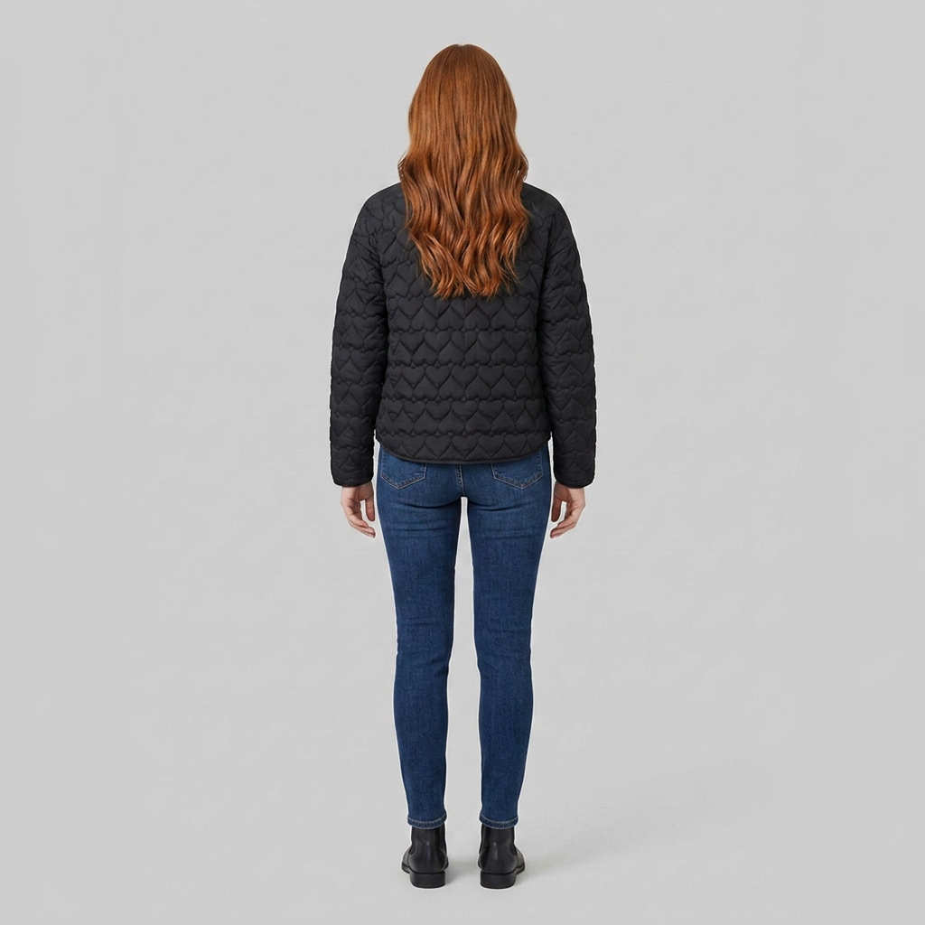 Women's Lightweight Quilted Collarless Jacket with Heart Pattern and Snap Fastening
