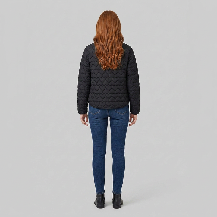 Women's Lightweight Quilted Collarless Jacket with Heart Pattern and Snap Fastening