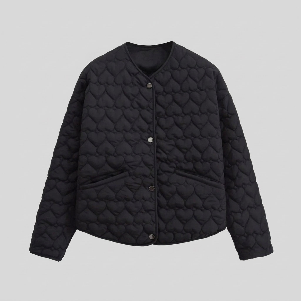 Women's Lightweight Quilted Collarless Jacket with Heart Pattern and Snap Fastening