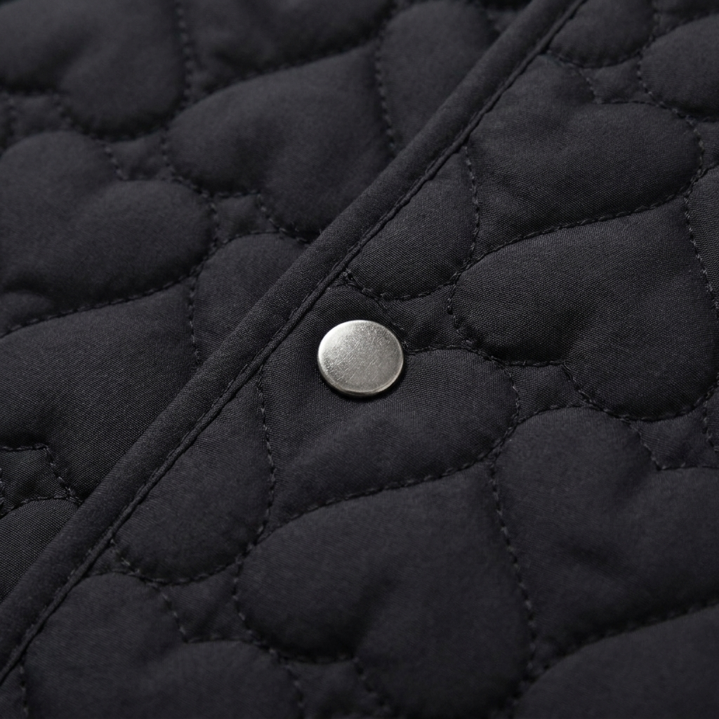 Women's Lightweight Quilted Collarless Jacket with Heart Pattern and Snap Fastening
