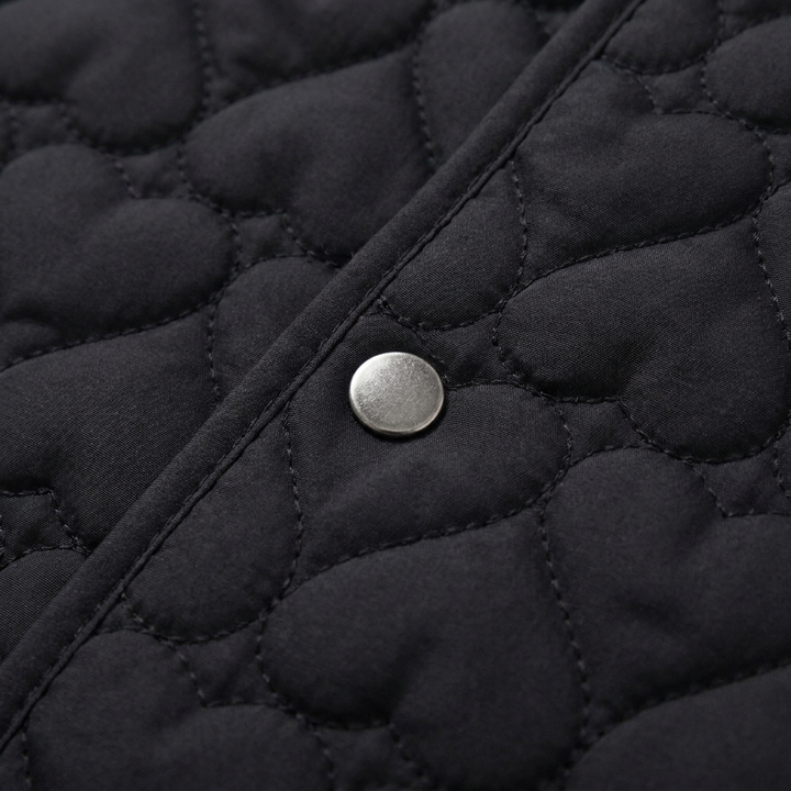Women's Lightweight Quilted Collarless Jacket with Heart Pattern and Snap Fastening