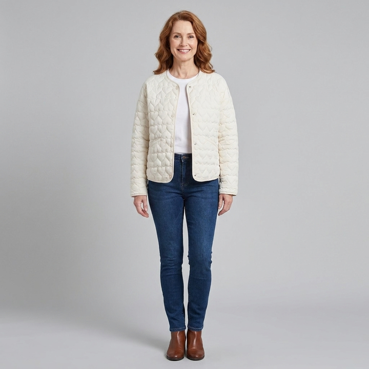 Women's Lightweight Quilted Collarless Jacket with Heart Pattern and Snap Fastening