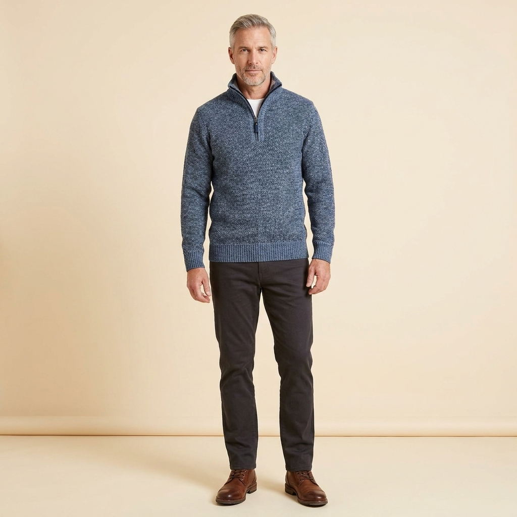 Maglione da uomo con mezza cerniera, collo rialzato, lavorazione a maglia calda e vestibilità aderente