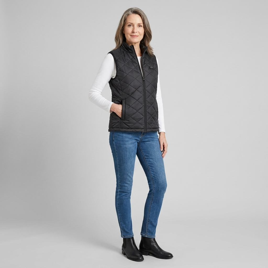 Gilet riscaldato da donna con USB, senza maniche, collo alto e temperatura regolabile