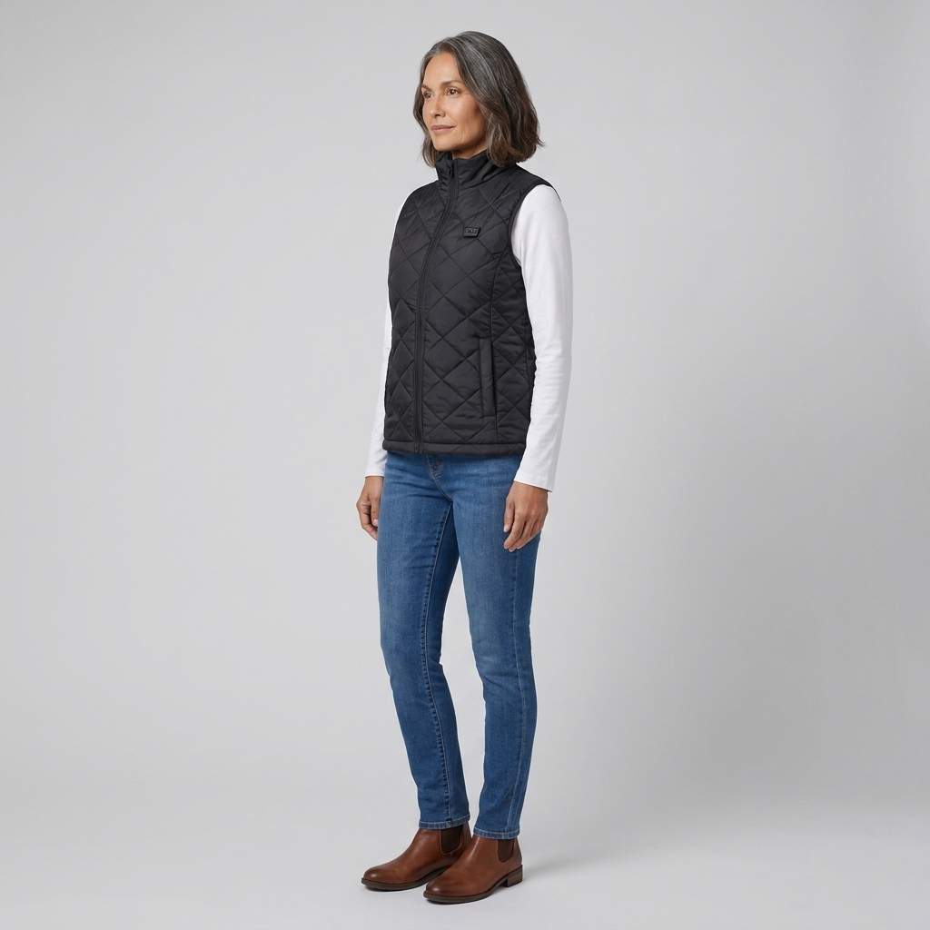 Gilet riscaldato da donna con USB, senza maniche, collo alto e temperatura regolabile