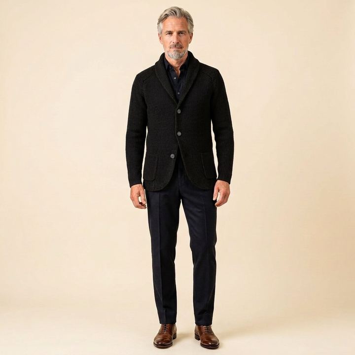 Men's Ribbed Knit Vest with Shawl Collar and Button Closure