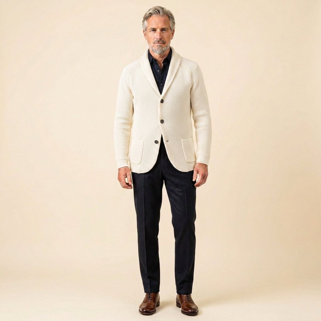 Men's Ribbed Knit Vest with Shawl Collar and Button Closure