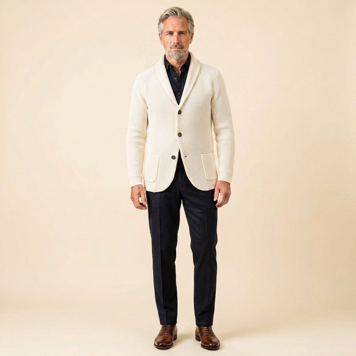 Men's Ribbed Knit Vest with Shawl Collar and Button Closure