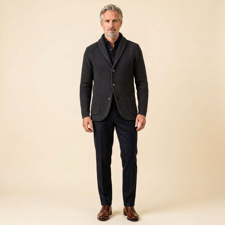 Men's Ribbed Knit Vest with Shawl Collar and Button Closure