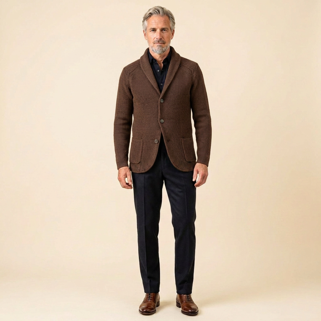 Men's Ribbed Knit Vest with Shawl Collar and Button Closure