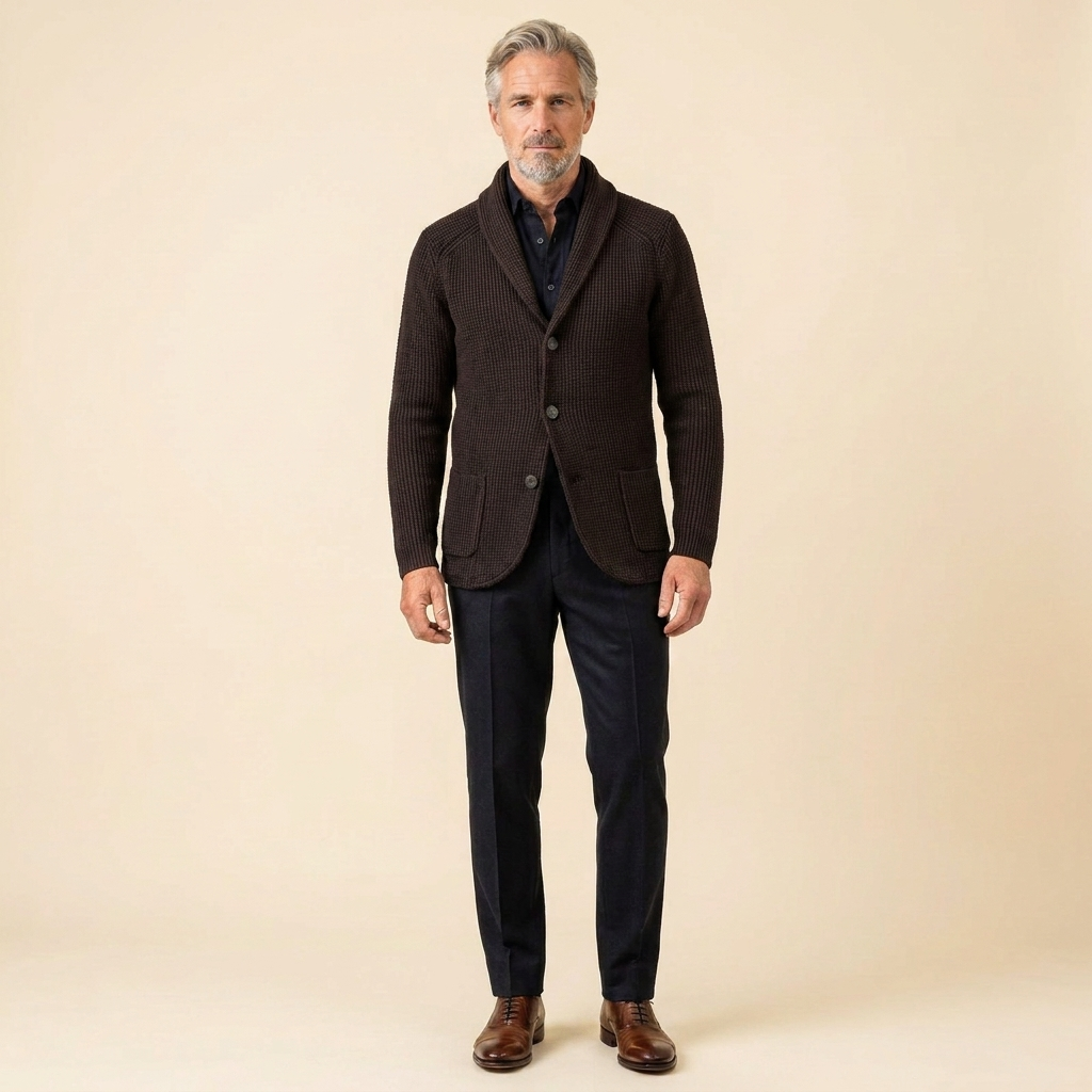 Men's Ribbed Knit Vest with Shawl Collar and Button Closure