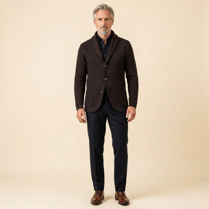 Men's Ribbed Knit Vest with Shawl Collar and Button Closure