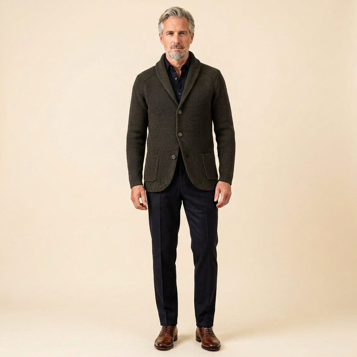 Men's Ribbed Knit Vest with Shawl Collar and Button Closure