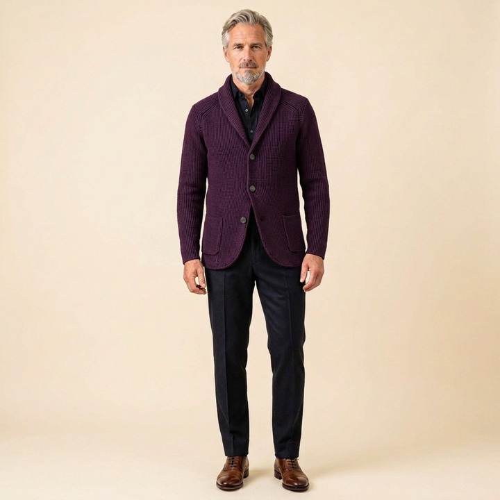 Men's Ribbed Knit Vest with Shawl Collar and Button Closure