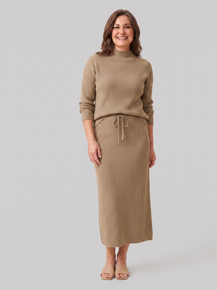Ensemble Deux Pièces Femme Maille Côtelée Col Montant Et Jupe Longue