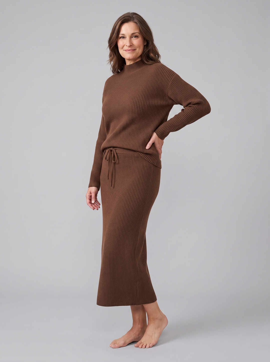 Ensemble Deux Pièces Femme Maille Côtelée Col Montant Et Jupe Longue