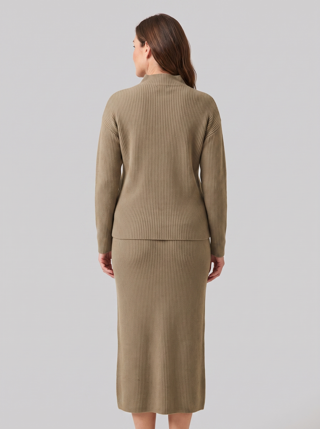 Ensemble Deux Pièces Femme Maille Côtelée Col Montant Et Jupe Longue