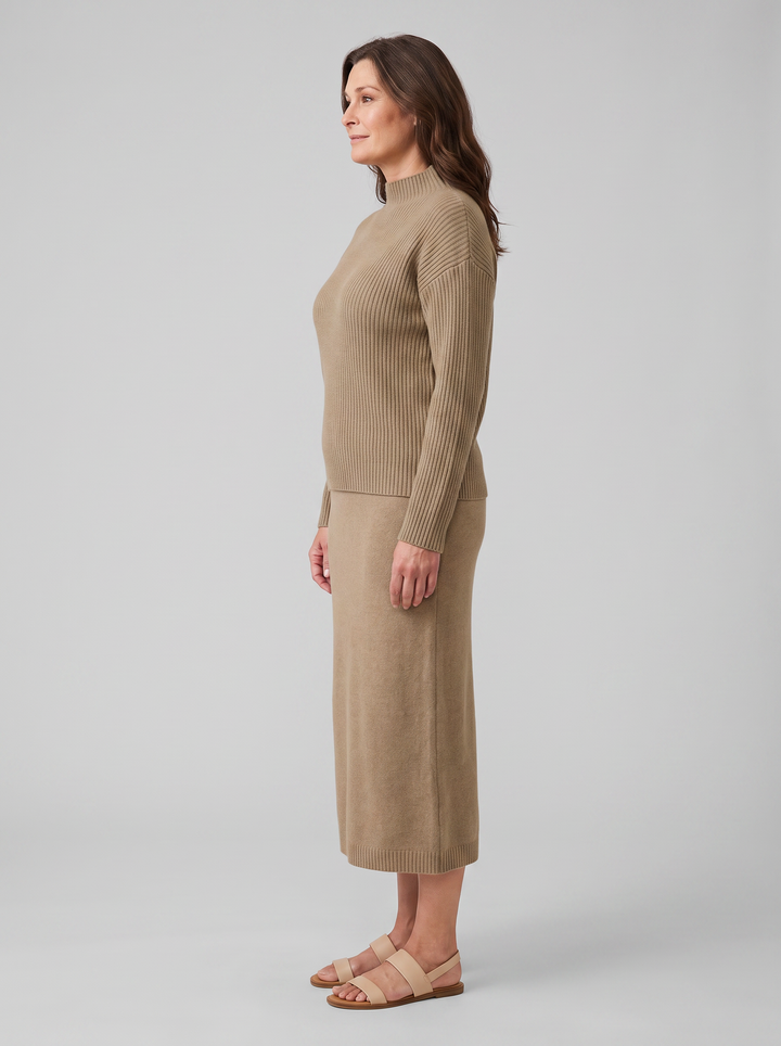 Ensemble Deux Pièces Femme Maille Côtelée Col Montant Et Jupe Longue