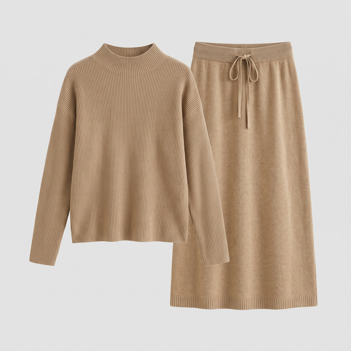 Ensemble Deux Pièces Femme Maille Côtelée Col Montant Et Jupe Longue