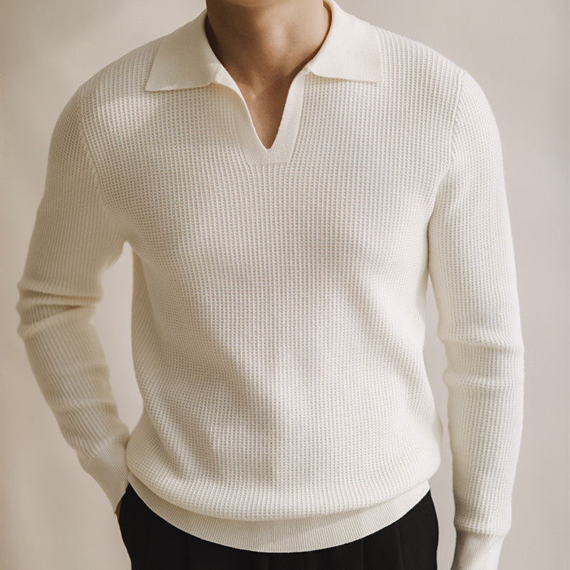 Polo da uomo in maglia senza bottoni con scollo a V e maniche lunghe