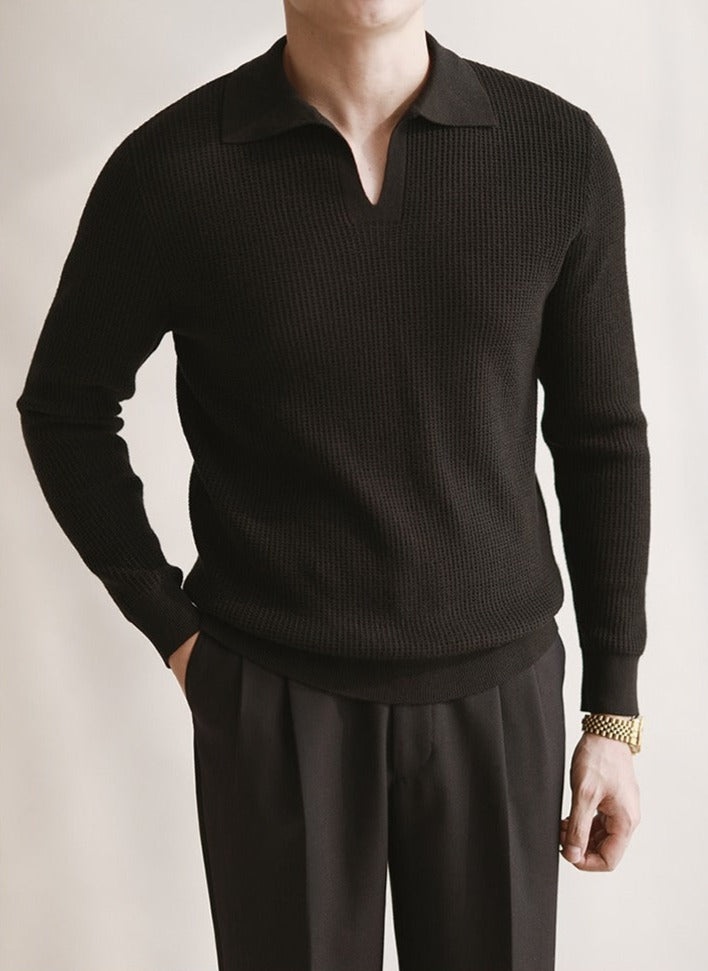 Polo da uomo in maglia senza bottoni con scollo a V e maniche lunghe