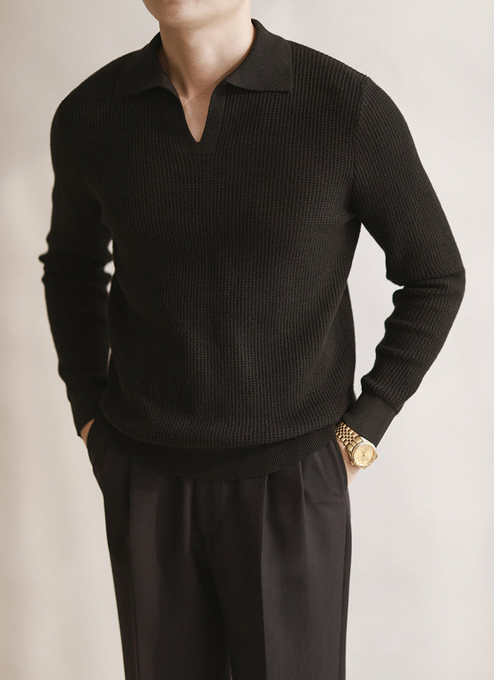 Polo da uomo in maglia senza bottoni con scollo a V e maniche lunghe