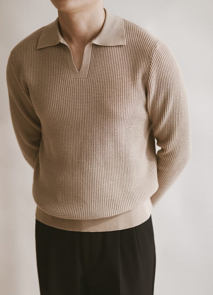 Polo da uomo in maglia senza bottoni con scollo a V e maniche lunghe