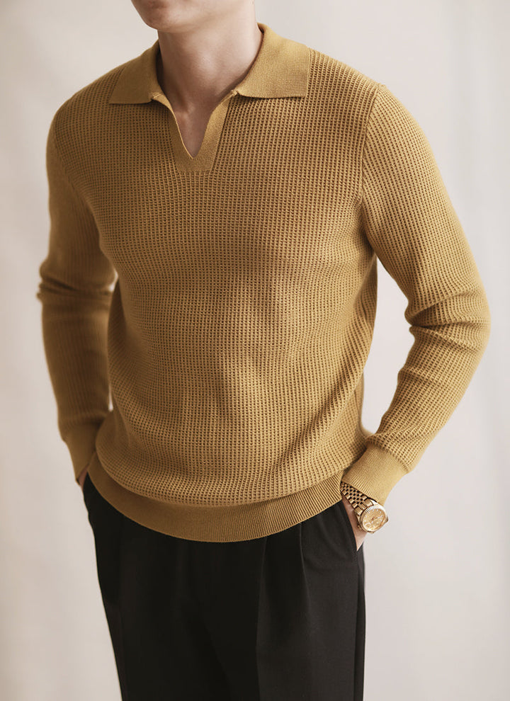 Polo da uomo in maglia senza bottoni con scollo a V e maniche lunghe