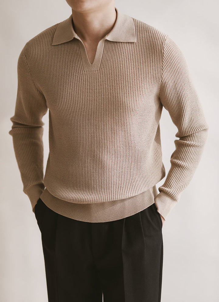 Polo da uomo in maglia senza bottoni con scollo a V e maniche lunghe