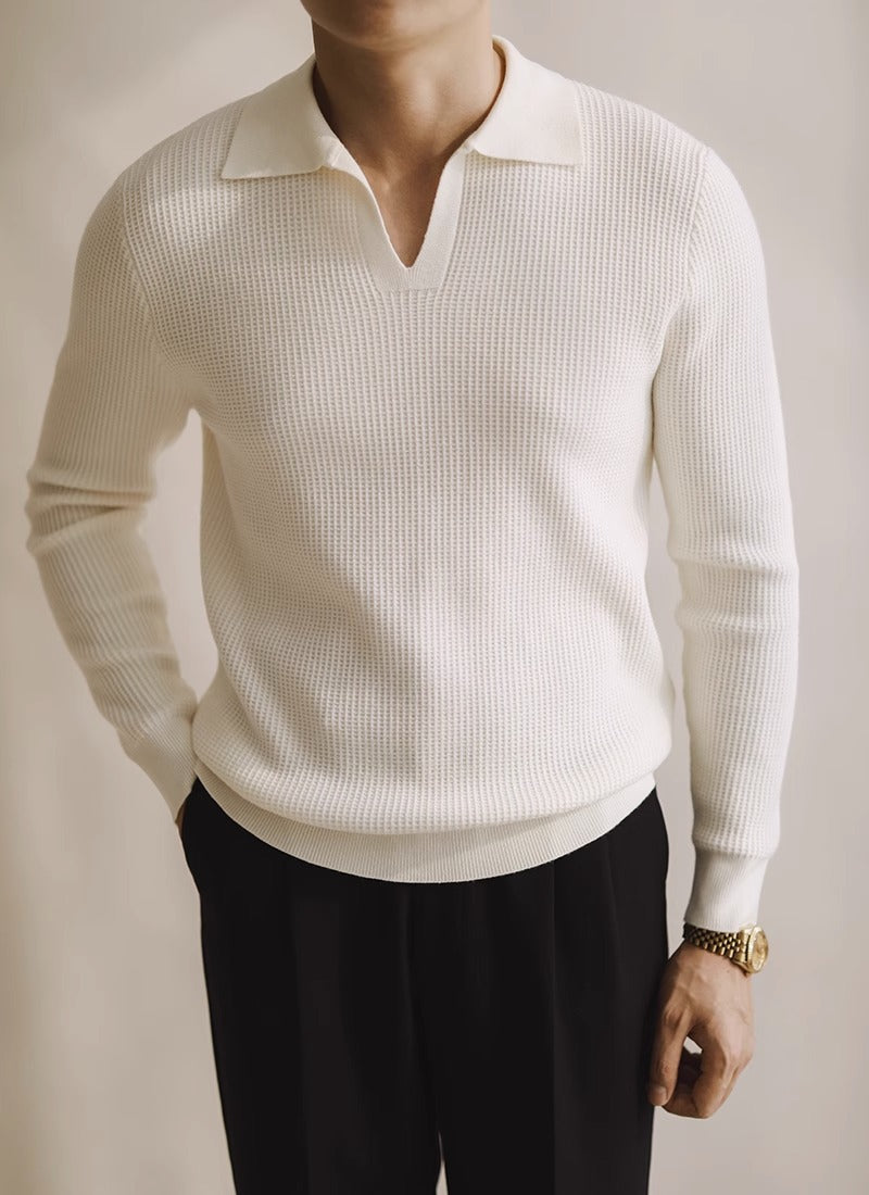 Polo da uomo in maglia senza bottoni con scollo a V e maniche lunghe