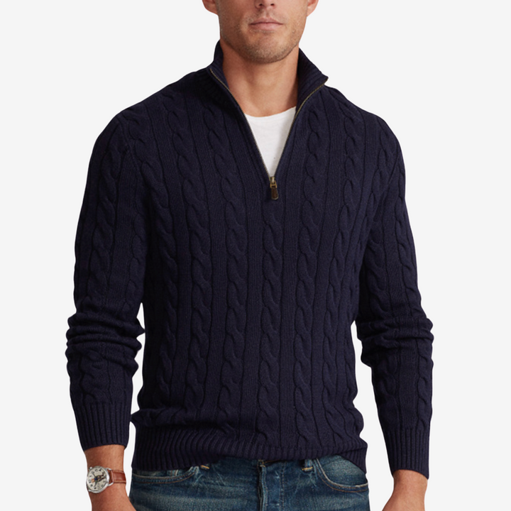 Pullover mit Reißverschlusskragen und Zopfmusterstrick