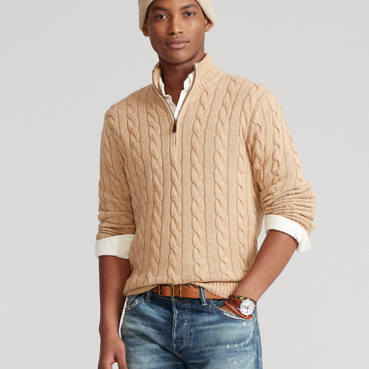 Pullover mit Reißverschlusskragen und Zopfmusterstrick