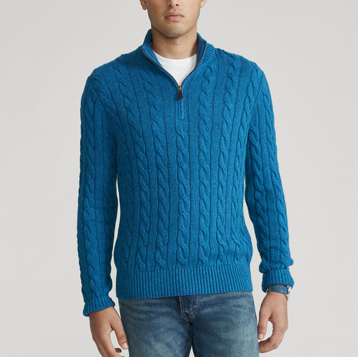 Pullover mit Reißverschlusskragen und Zopfmusterstrick