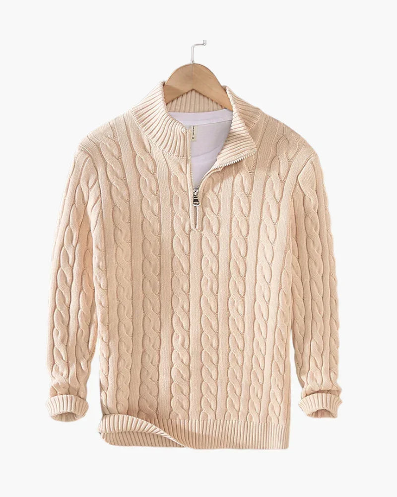 Pullover mit Reißverschlusskragen und Zopfmusterstrick
