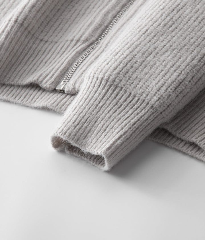Cardigan da uomo in maglia con zip, texture a coste e collo alto