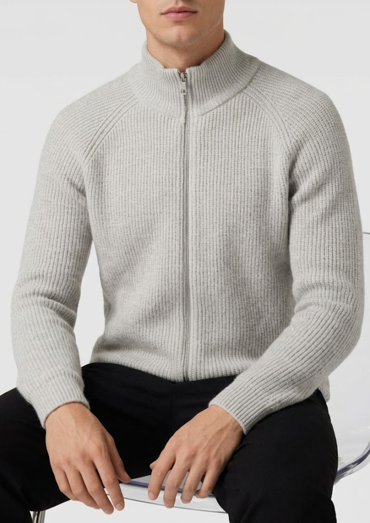 Cardigan da uomo in maglia con zip, texture a coste e collo alto